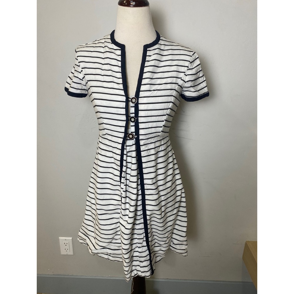 Vintage 1960s Mam'Selle Mod Mini Dress White Navy Blue Striped Nautical XS